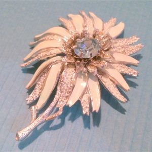 Vintage Francois Signed Silver Tone Icy Blue Enamel and Rhinestone Flower Brooch
